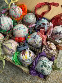 Image 3 of Box of 12 small hand marbled ceramic baubles with vintage style silky ribbons.