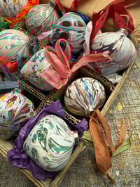 Image 7 of Box of 12 small hand marbled ceramic baubles with vintage style silky ribbons.