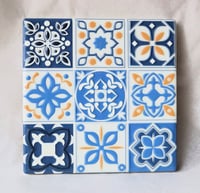 Image 2 of Mediterranean Ceramic Tile Coaster – Blue & Orange | Eco-Friendly Cork Backing