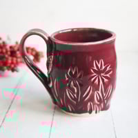 Image 2 of Floral Carved Coffee Cup, 16 Ounce, Ox Blood Red Gardeners Pottery Mug