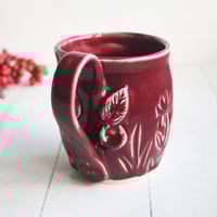 Image 3 of Floral Carved Coffee Cup, 16 Ounce, Ox Blood Red Gardeners Pottery Mug