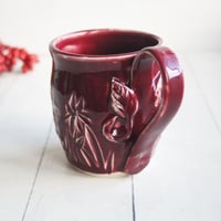 Image 4 of Floral Carved Coffee Cup, 16 Ounce, Ox Blood Red Gardeners Pottery Mug