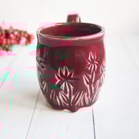 Image 5 of Floral Carved Coffee Cup, 16 Ounce, Ox Blood Red Gardeners Pottery Mug
