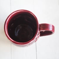 Image 9 of Floral Carved Coffee Cup, 16 Ounce, Ox Blood Red Gardeners Pottery Mug