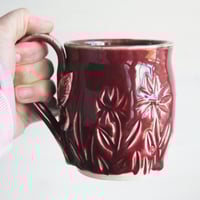 Image 6 of Floral Carved Coffee Cup, 16 Ounce, Ox Blood Red Gardeners Pottery Mug