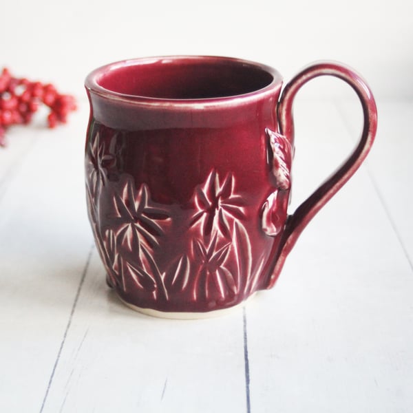 Image of Floral Carved Coffee Cup, 16 Ounce, Ox Blood Red Gardeners Pottery Mug