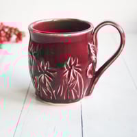 Image 1 of Floral Carved Coffee Cup, 16 Ounce, Ox Blood Red Gardeners Pottery Mug