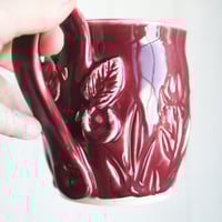 Image 7 of Floral Carved Coffee Cup, 16 Ounce, Ox Blood Red Gardeners Pottery Mug