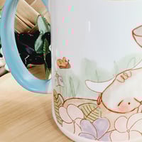 Image 4 of 15oz Coffee Mug Blue & Orange Kepuha Ko'ko & Carabao Abbok Spring Summer Cottage Illustration