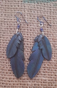 Image 1 of Leather feather earrings - crow #3