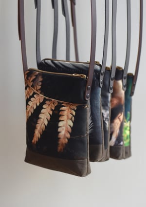 Image of Golden fern frond, crossbody velvet and waxed canvas phone bag