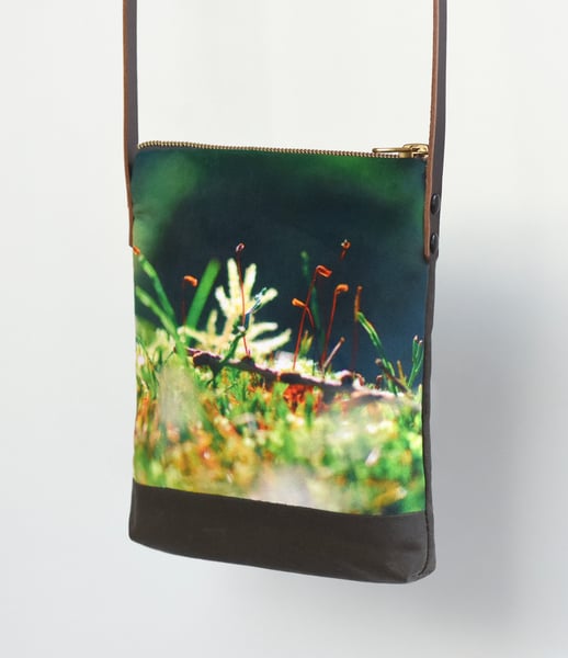 Image of Tree mosses, crossbody velvet and waxed canvas phone bag