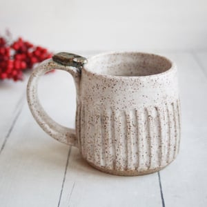 Image of Hand Carved Speckled Pottery Mug in Matte White Glaze, 14 Ounce Rustic White Speckled Coffee Cup