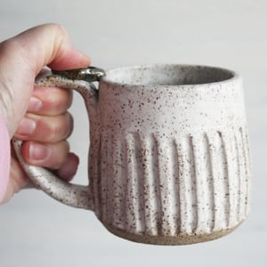 Image of Hand Carved Speckled Pottery Mug in Matte White Glaze, 14 Ounce Rustic White Speckled Coffee Cup
