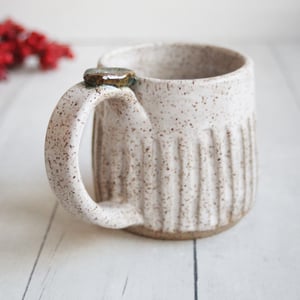 Image of Hand Carved Speckled Pottery Mug in Matte White Glaze, 14 Ounce Rustic White Speckled Coffee Cup