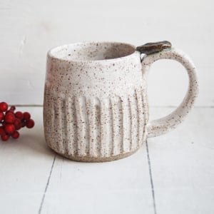Image of Hand Carved Speckled Pottery Mug in Matte White Glaze, 14 Ounce Rustic White Speckled Coffee Cup