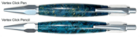 Vertex Click Pen and Pencil Set in Chrome Finish with Stabilized Box Elder Burl Dyed Blue Body