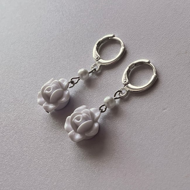 white rose silver huggie hoop earrings