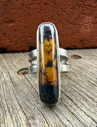 Image 2 of WL&A Handmade Ingot Old Style Split Band Black Jack Ribbon Turquoise Ring - Size 8.5