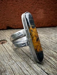 Image 1 of WL&A Handmade Ingot Old Style Split Band Black Jack Ribbon Turquoise Ring - Size 8.25