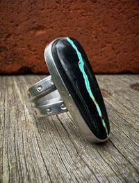 Image 1 of WL&A Handmade Ingot Old Style Split Band Black Jack Blue Ribbon Turquoise Ring - Size 8.5