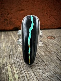 Image 2 of WL&A Handmade Ingot Old Style Split Band Black Jack Blue Ribbon Turquoise Ring - Size 8.5