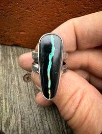 Image 3 of WL&A Handmade Ingot Old Style Split Band Black Jack Blue Ribbon Turquoise Ring - Size 8.5