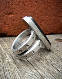 Image 4 of WL&A Handmade Ingot Old Style Split Band Black Jack Blue Ribbon Turquoise Ring - Size 8.5