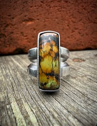 Image 2 of WL&A Handmade Ingot Old Style Split Band Black Jack Blue Ribbon Turquoise Ring - Size 6.5