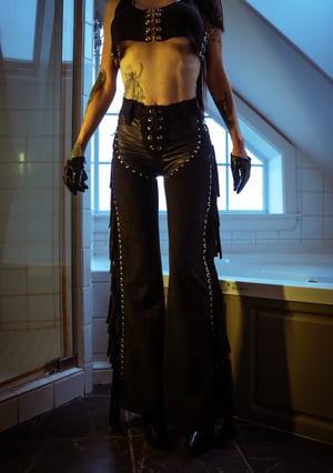 Image of Toxic Vision All Black Everything faux suede fringe pants CUSTOM SIZING