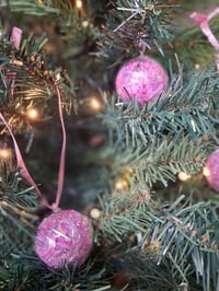 Image 2 of Pink pom pom fluff and silver tinsel baubles 