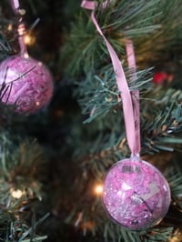 Image 1 of Pink pom pom fluff and silver tinsel baubles 