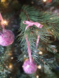 Image 3 of Pink pom pom fluff and silver tinsel baubles 
