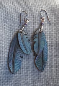 Image 2 of Leather feather earrings - crow #3