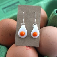 Image 2 of Handmade glass egg and bacon dangle earrings on silver hooks quirky and unique