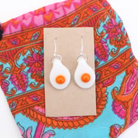 Image 5 of Handmade glass egg and bacon dangle earrings on silver hooks quirky and unique