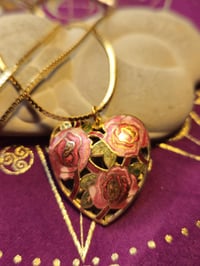 Image 1 of Vintage cloisonne heart with roses necklace Witchcraft Talisman for Love and Respect