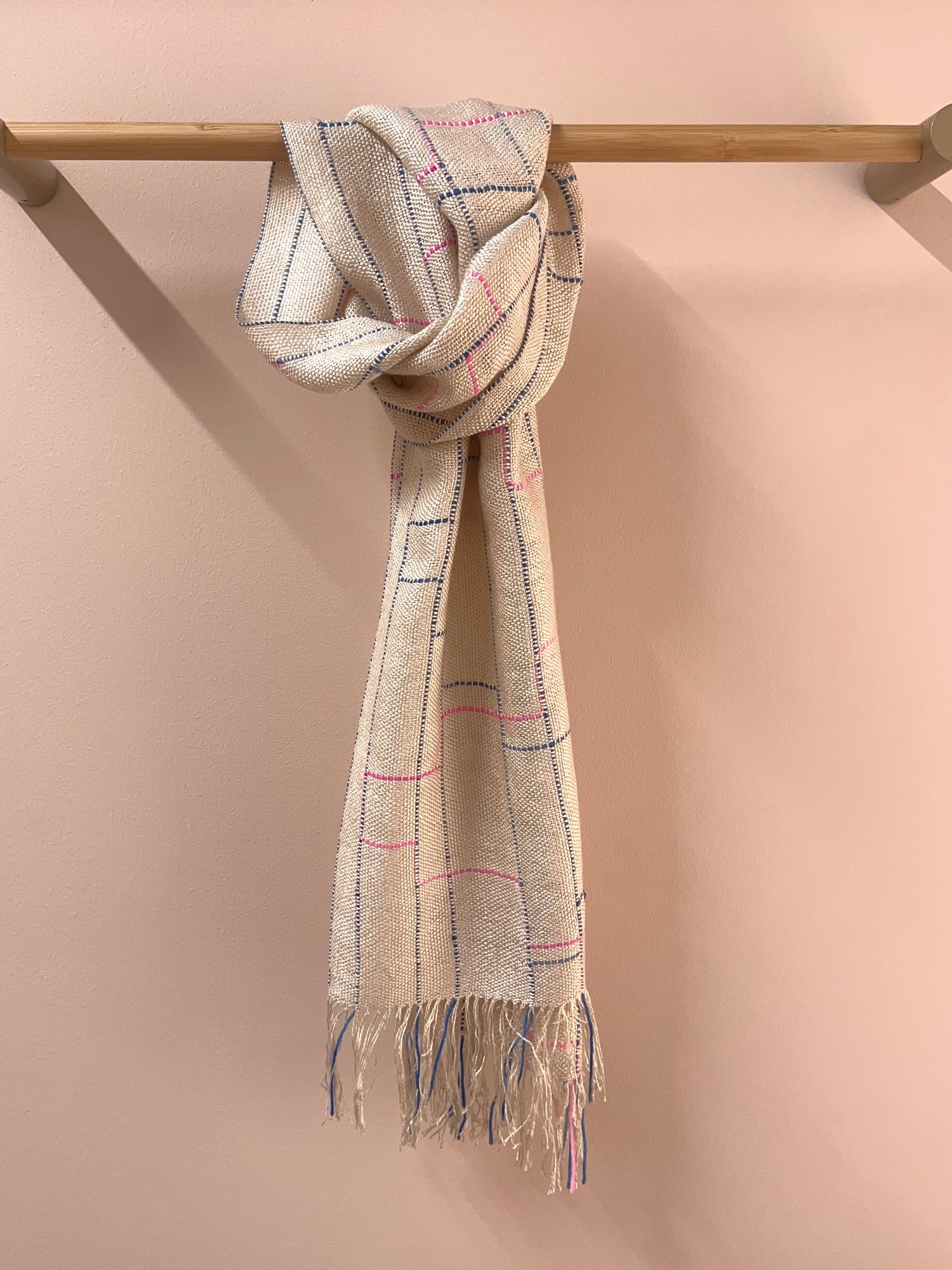 Image of Ecru with Blue & Pink Silk/Seaweed Linear Scarf