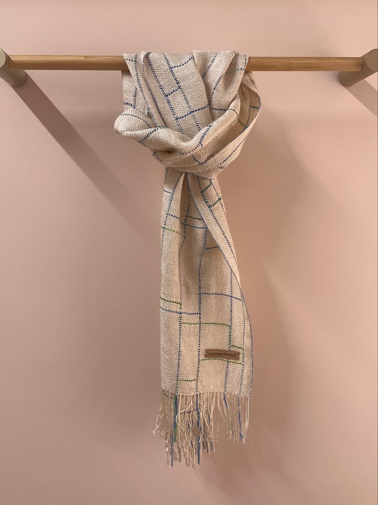 Image of Copy of Ecru with Blue & Green Silk/Seaweed Linear Scarf