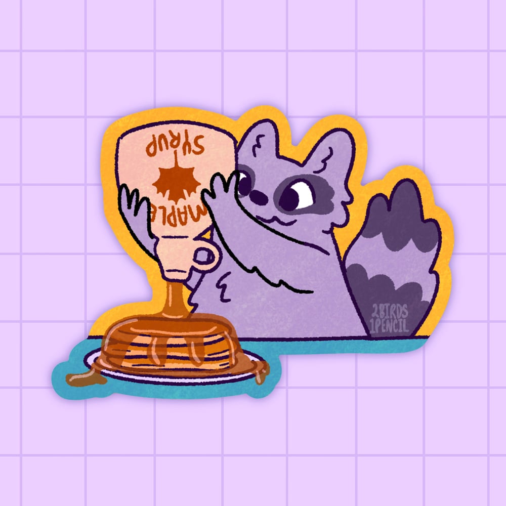 Image of Pancakes with maple syrup raccoon vinyl sticker
