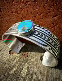 Image 2 of WL&A Handmade Ingot Old Style 44 Arrowheads Navajo Blue Turquoise Cuff - Size 7" to 7.5" Wrist