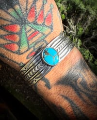 Image 5 of WL&A Handmade Ingot Old Style 44 Arrowheads Navajo Blue Turquoise Cuff - Size 7" to 7.5" Wrist