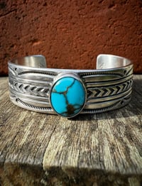 Image 1 of WL&A Handmade Ingot Old Style 44 Arrowheads Navajo Blue Turquoise Cuff - Size 7" to 7.5" Wrist