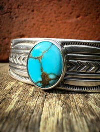 Image 3 of WL&A Handmade Ingot Old Style 44 Arrowheads Navajo Blue Turquoise Cuff - Size 7" to 7.5" Wrist