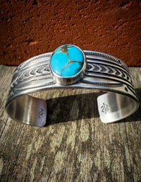 Image 4 of WL&A Handmade Ingot Old Style 44 Arrowheads Navajo Blue Turquoise Cuff - Size 7" to 7.5" Wrist