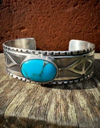 Image 1 of WL&A Handmade Ingot Old Style Peaks Navajo Blue Cuff - Size 7" to 7.5"