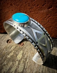 Image 3 of WL&A Handmade Ingot Old Style Peaks Navajo Blue Cuff - Size 7" to 7.5"