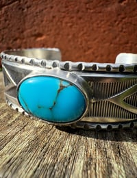 Image 4 of WL&A Handmade Ingot Old Style Peaks Navajo Blue Cuff - Size 7" to 7.5"