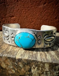Image 1 of WL&A Handmade Ingot Old Style Five Peaks Repoussé Navajo Blue Cuff - Size 7" to 7.5" Wrist
