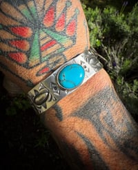 Image 5 of WL&A Handmade Ingot Old Style Five Peaks Repoussé Navajo Blue Cuff - Size 7" to 7.5" Wrist